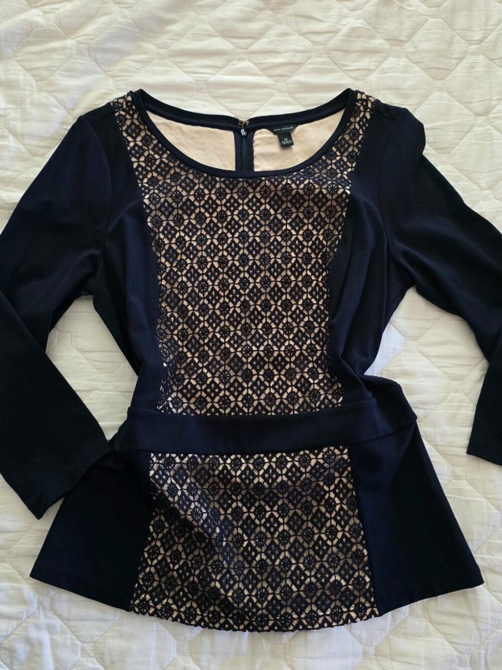 Ann Taylor Navy Blue Crochet Lace Overlay Peplum Top 3/4 Sleeve Size M